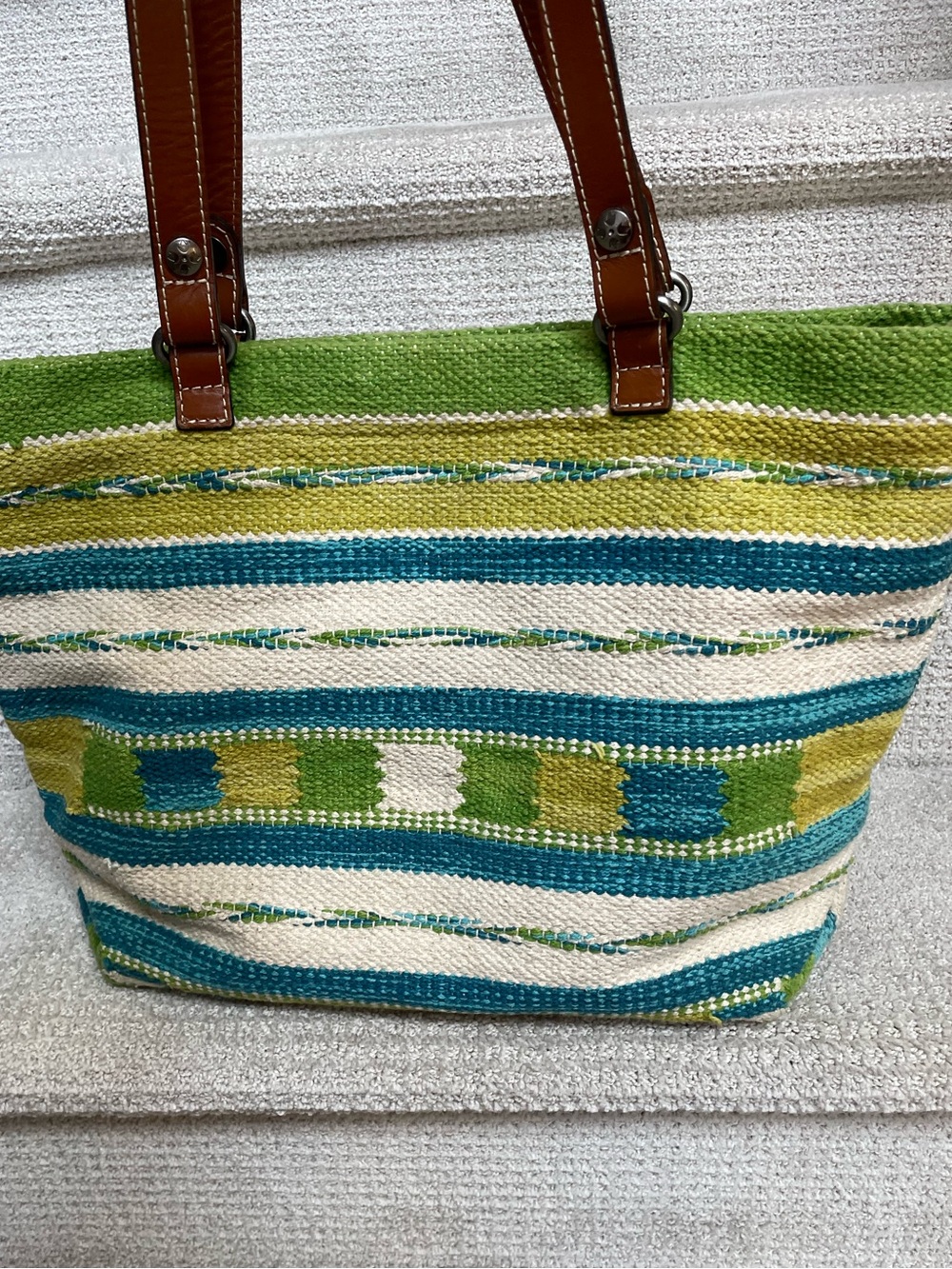 Woven Green & Blue Stripe Tote Bag with Leather Straps - Picture 3 of 15